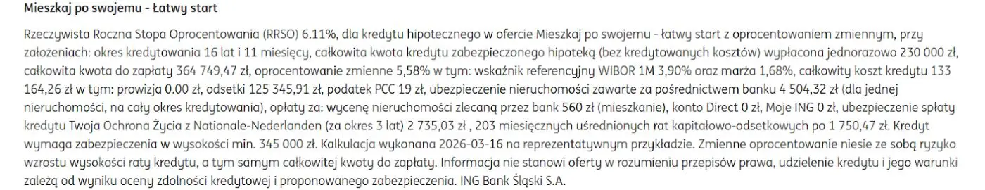 przykład reprezentatywny kredytu hipotecznego